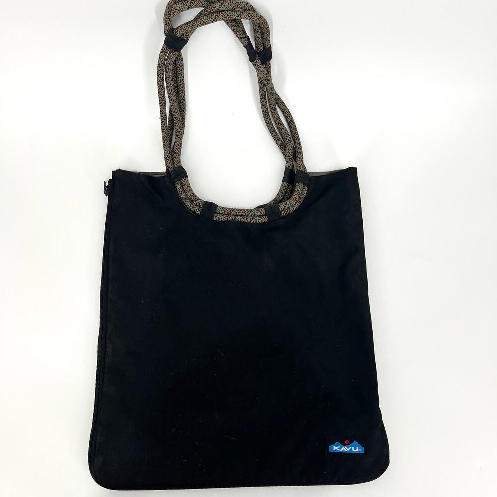 KAVU Black Barter Tote Bag Rope Straps Expandable Sides Preowned